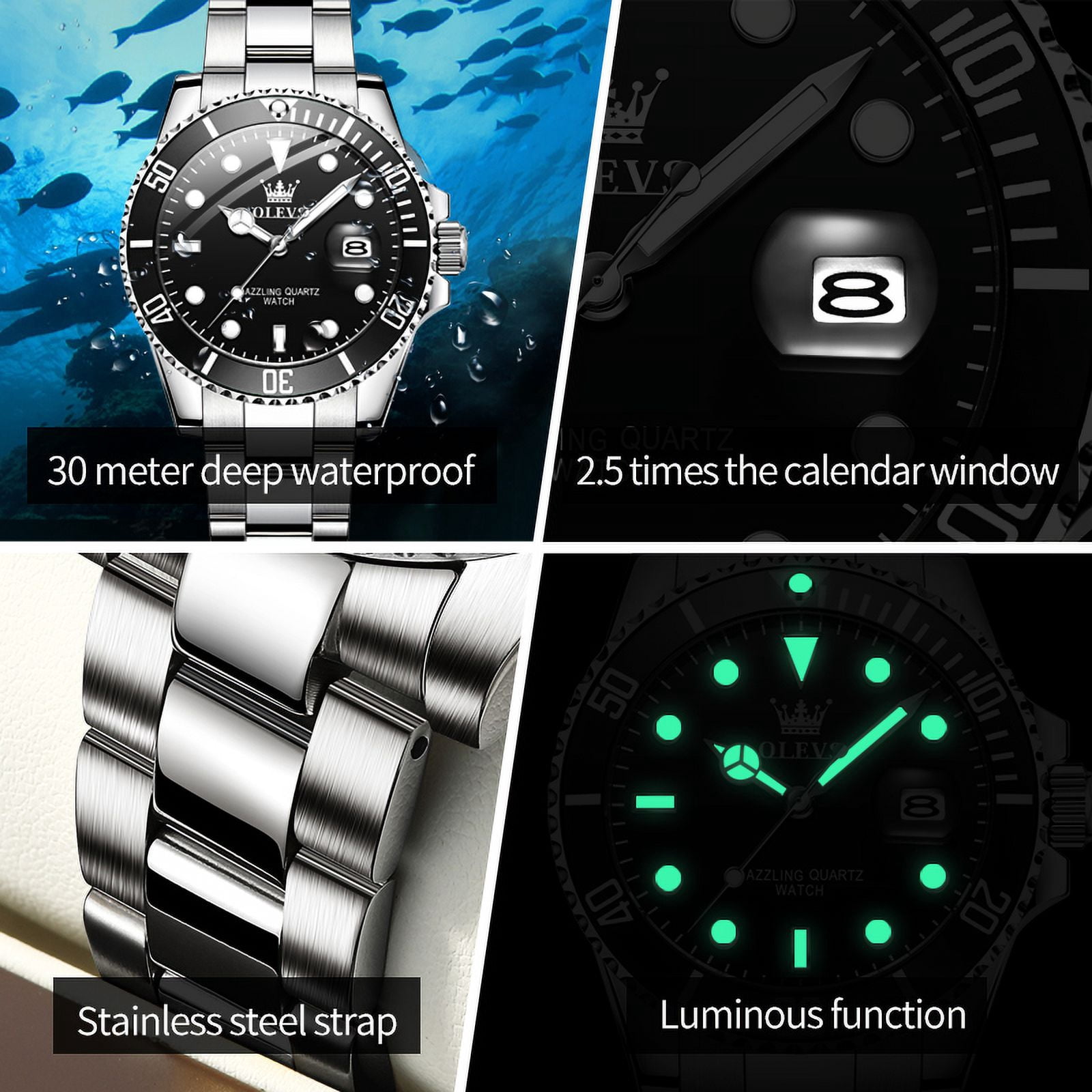 OLEVS Watches for Men Classic with Date Business Dress Luxury Big Face Green/Black/Blue Waterproof Luminous Mens Wrist Watch Analog Two Tone Stainless Steel Men Watch