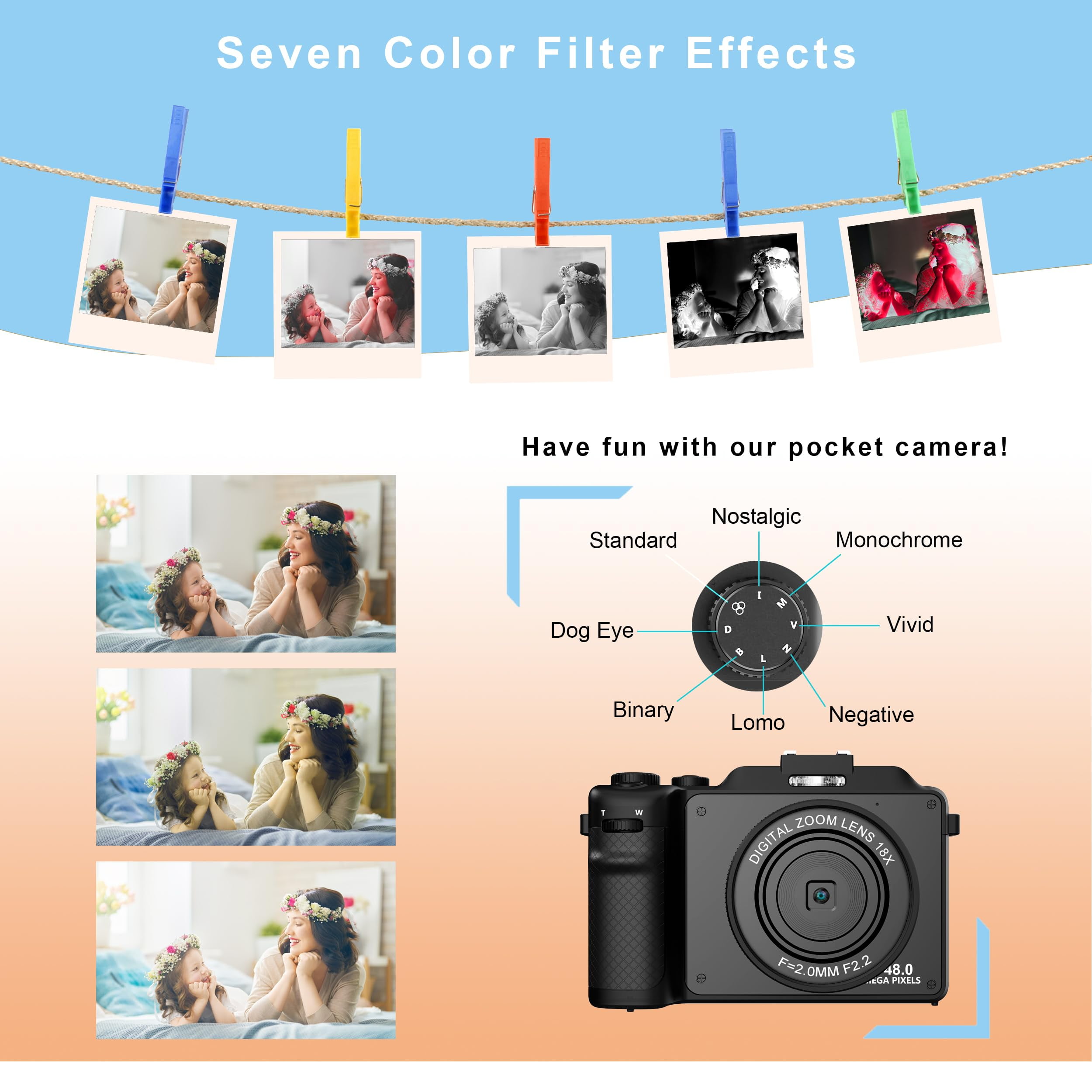 4K Digital Camera for YouTube 48MP Digital Cameras for Photograph Vlogging Camera with WiFi, 32G TF Card, Autofocus, Built-in 8 Color Filter
