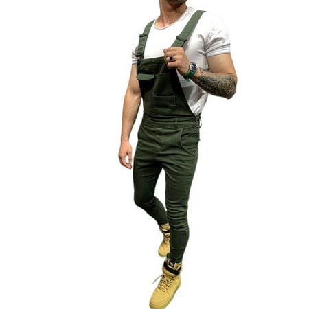 

KAMAMEN Men s Denim Bib Overalls Jumpsuit Suspender Multi-pocket Romper Green S