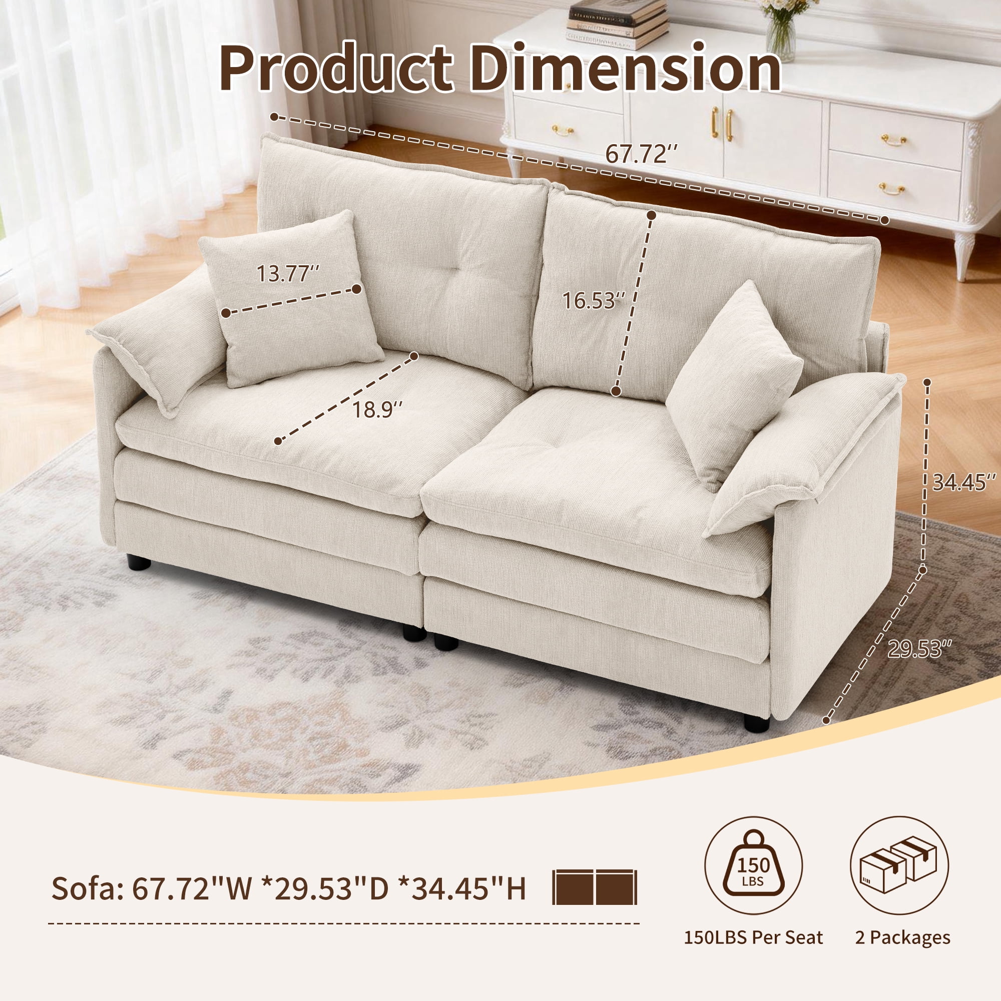 Korser Loveseat Sofa with Deep Seat Cloud Couch with 2 Pillows,Chenille 2-Seater Sofa Small Couch for Living Room,Assembly Required,Beige