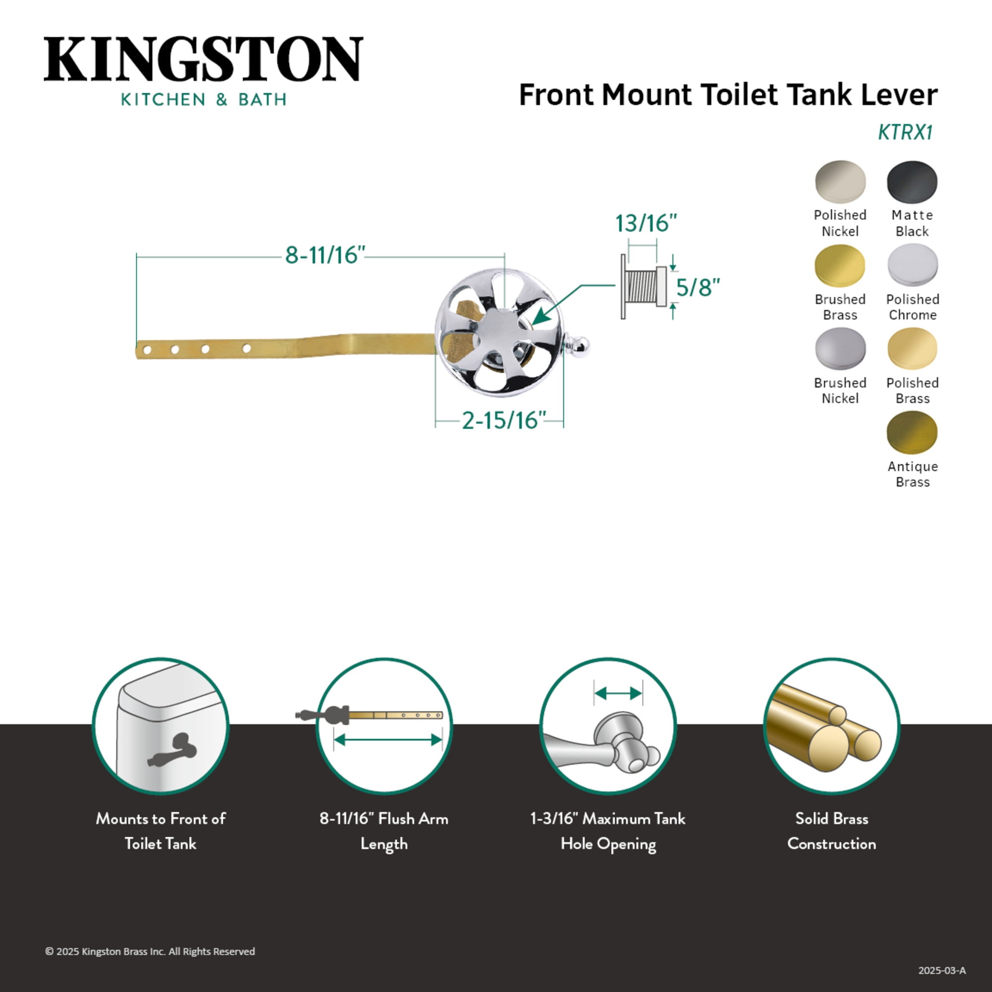 Kingston Brass KTRX7 Belknap Front Mount Toilet Tank Lever in Brushed Brass