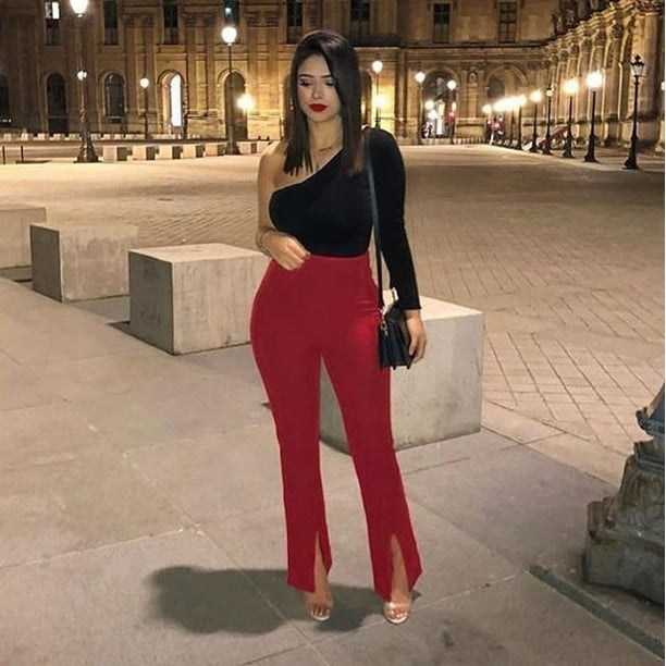 Women Front Slit Slim Fit Trousers Solid Color High Waist Stretch