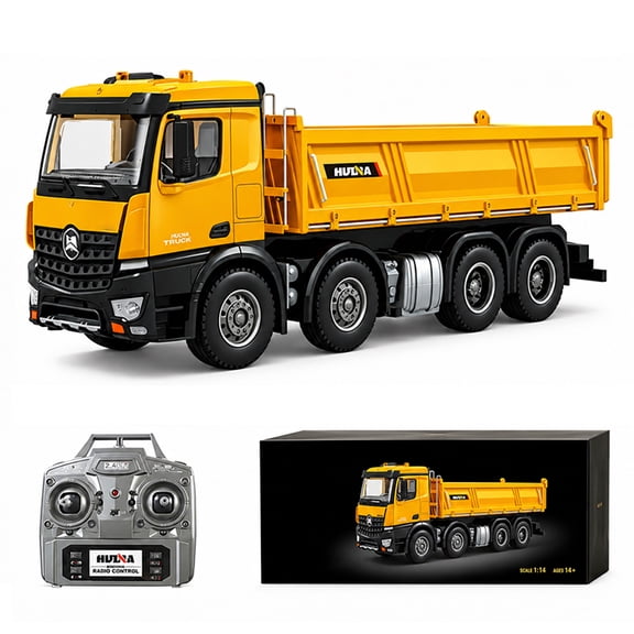 1536 RC Dump Truck 1:14 2.4GHz Remote Control Construction Truck with 8-Wheel Drive, Automatic Lifting Dump Bed, LED Lights, Realistic Sounds, Rechargeable Battery Toy for Kids & Adults