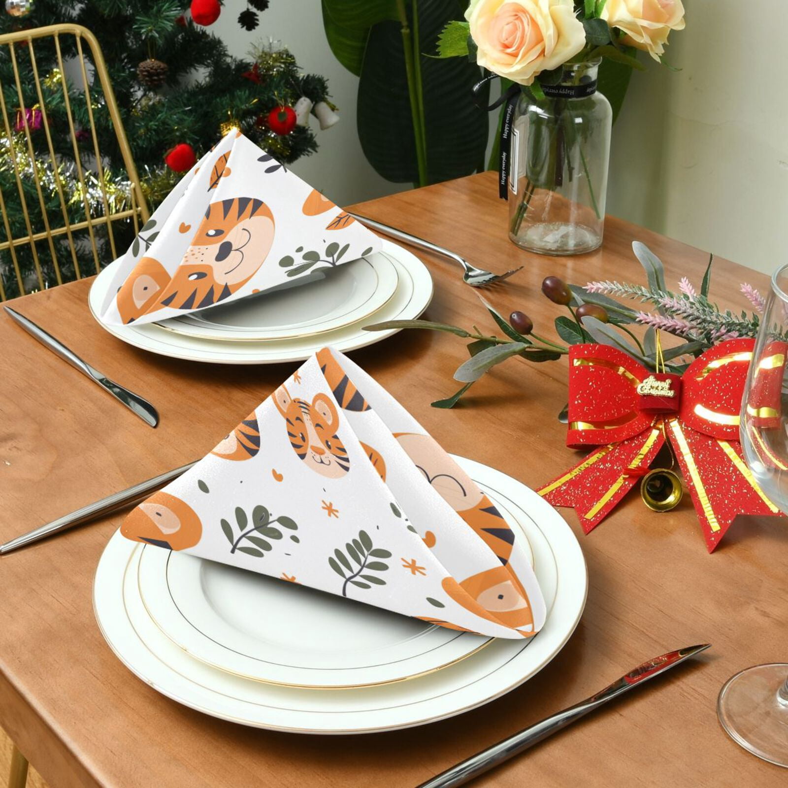 JSTEL Cute Tiger Leaves Cartoon Cloth Napkins Set of 6, 20x20 Inch Washable and Reusable Napkin for Decoupage Dinner Party Everyday Use
