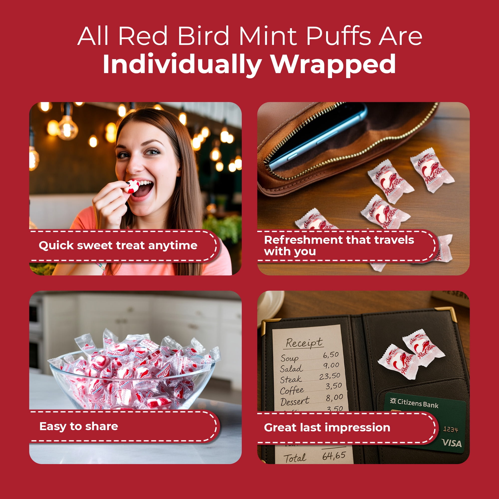 Red Bird Individually Wrapped Peppermint Candy Puffs, Gluten Free, Kosher, Non-GMO, 52 oz, Tub