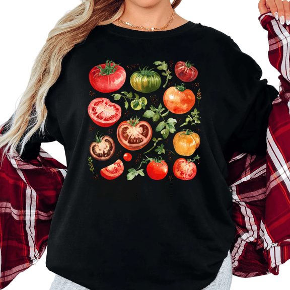 Women's Cute Heirloom Tomatoes Watercolor Graphic Breathable T Shirt Short Sleeve Round Neck Top Black S-5XL