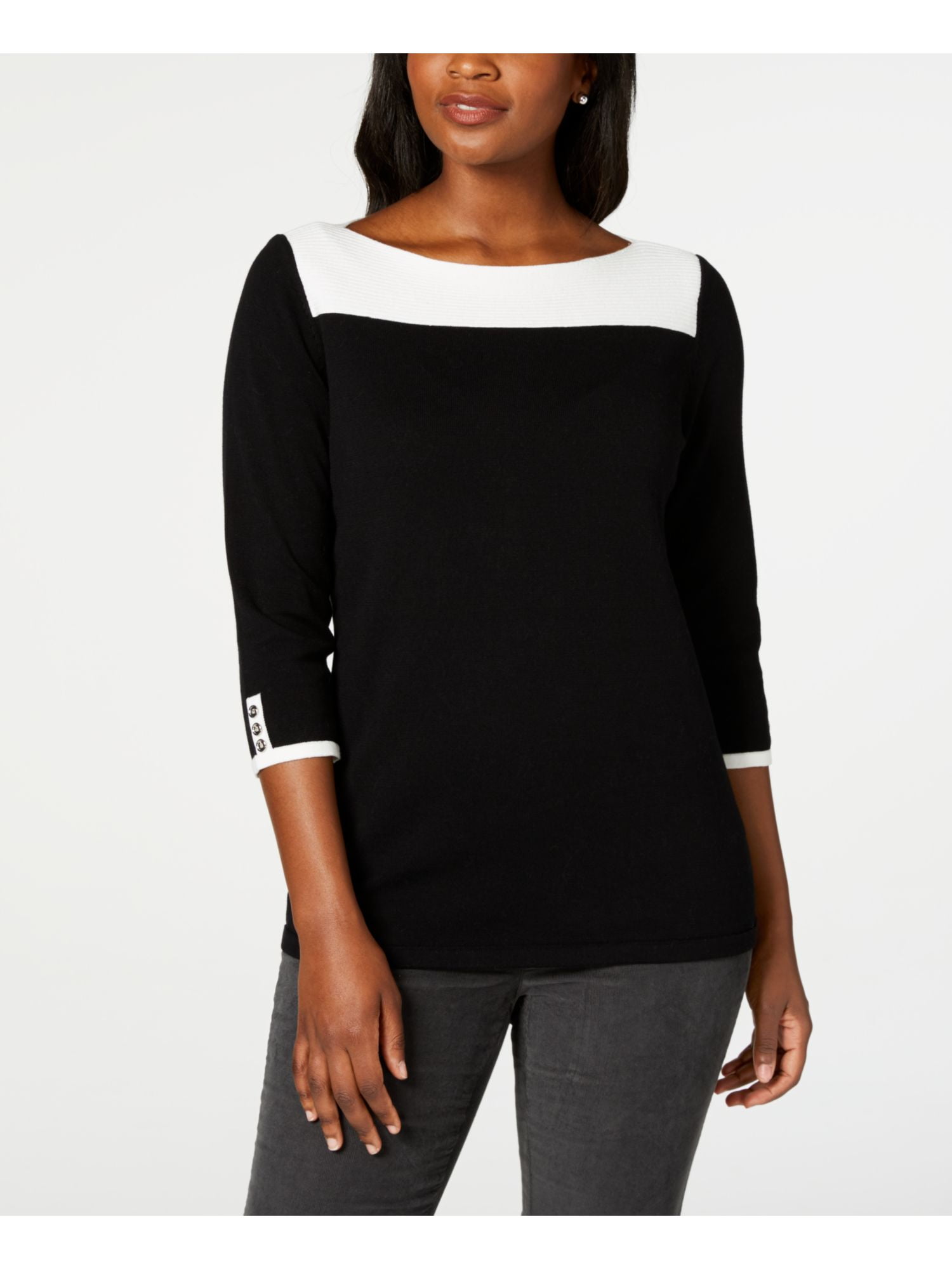 KAREN SCOTT Womens Black Button-trim Ribbed Color Block 3/4 Sleeve Boat  Neck Sweater Petites PS - Walmart.com