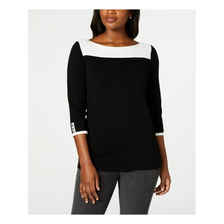 KAREN SCOTT Womens Black Button-trim Ribbed Color Block 3/4 Sleeve Boat Neck Sweater Petites PS