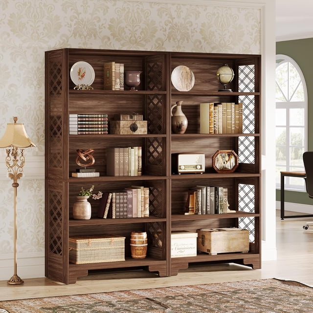 6-Tier Bookcase, Vintage Tall Bookcase,Mid-Century Display Rack Storage Shelves