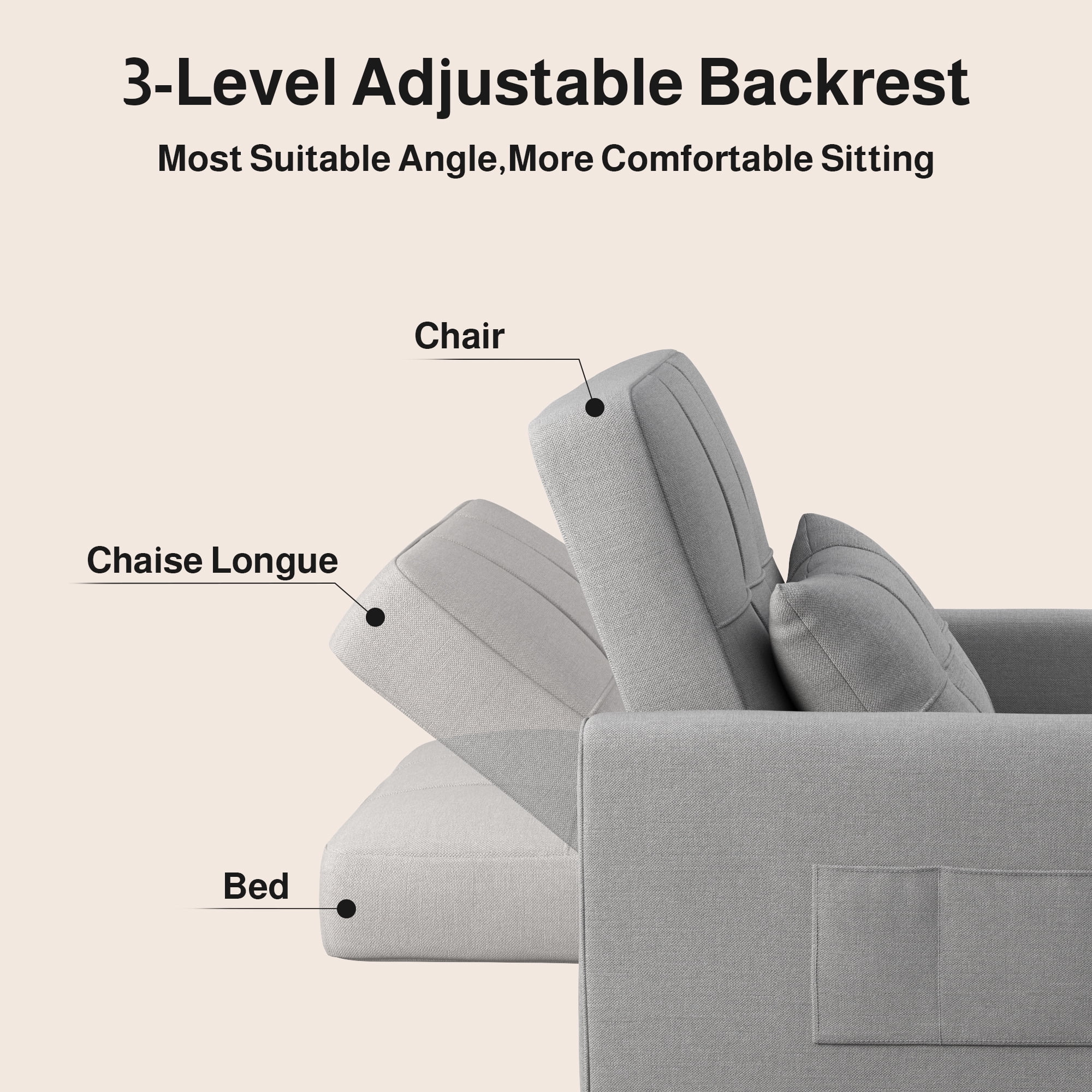 Lofka Convertible Sofa Chair Bed,3-in-1 Sleeper Sofa with Pull-Out Bed Clearance for Apartment| Bedroom, Grey