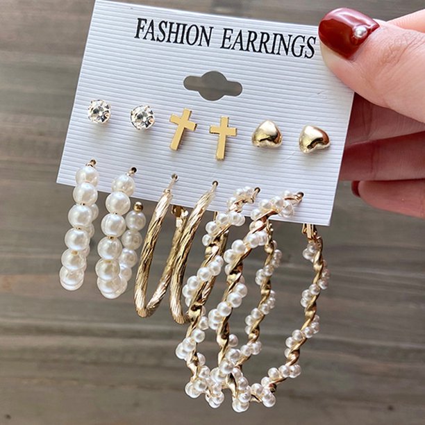 12 Unids/Set Retro Perla Mariposa Pendientes Conjunto De Oro Tuerca Círculo Coreano Mujeres Accesorios De Joyería