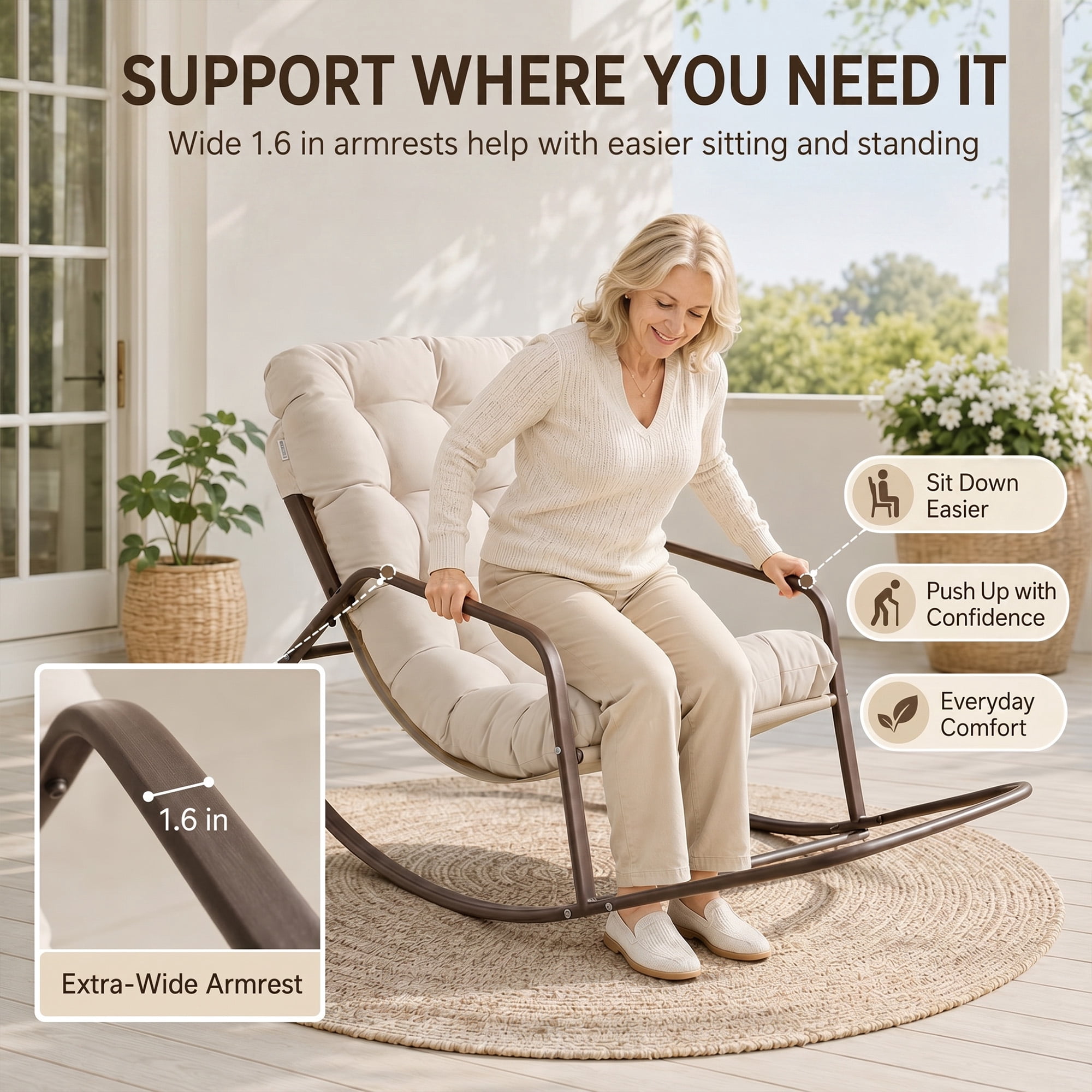 RADIATA Oversize Rocking Chair with Cushion & Footrest, Indoor Outdoor Rocking Chair Recliner, 430 lbs Capacity, Beige