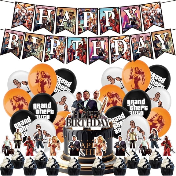 32 PCS For Grand Theft Auto Games Themed Party Decorations and Favors Set – Banner, 18 Balloons and 13 Cupcake Toppers for Celebration Birthday Parties Supplies