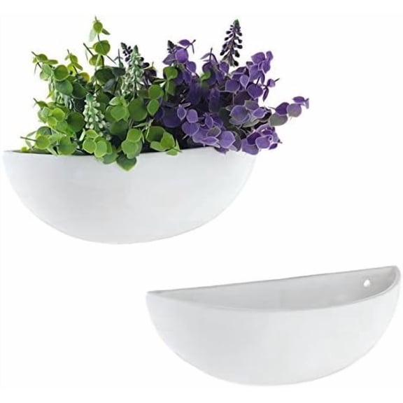 White Ceramic Wall Planters for Indoor Plants, Half Bowl Hanging Vase, Wall Mounted Succulent Planters, Set of 2