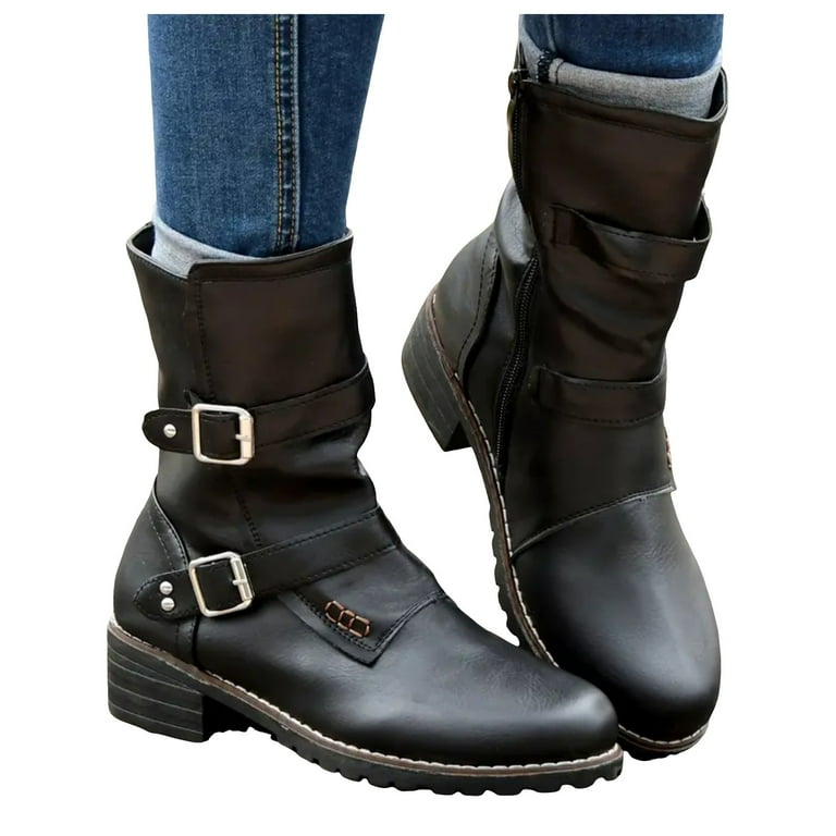 eileial Women's Biker Boots Lace up Mid Calf Motorcycle