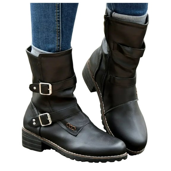 Oyedens Military Combat Boots for Women Fashion Casual 2 Buckle Mid Calf Riding Boots Ankle Booties