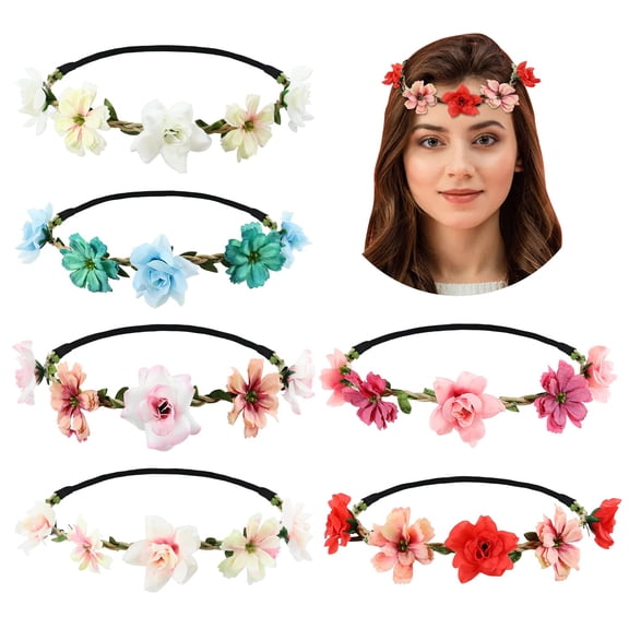6 Pack Handmade Adjustable Rose Flower Wreath Headbands Crown Tiara Garland Wedding Party Headpiece for Women Brides Bridesmaids Baby Girls Teens