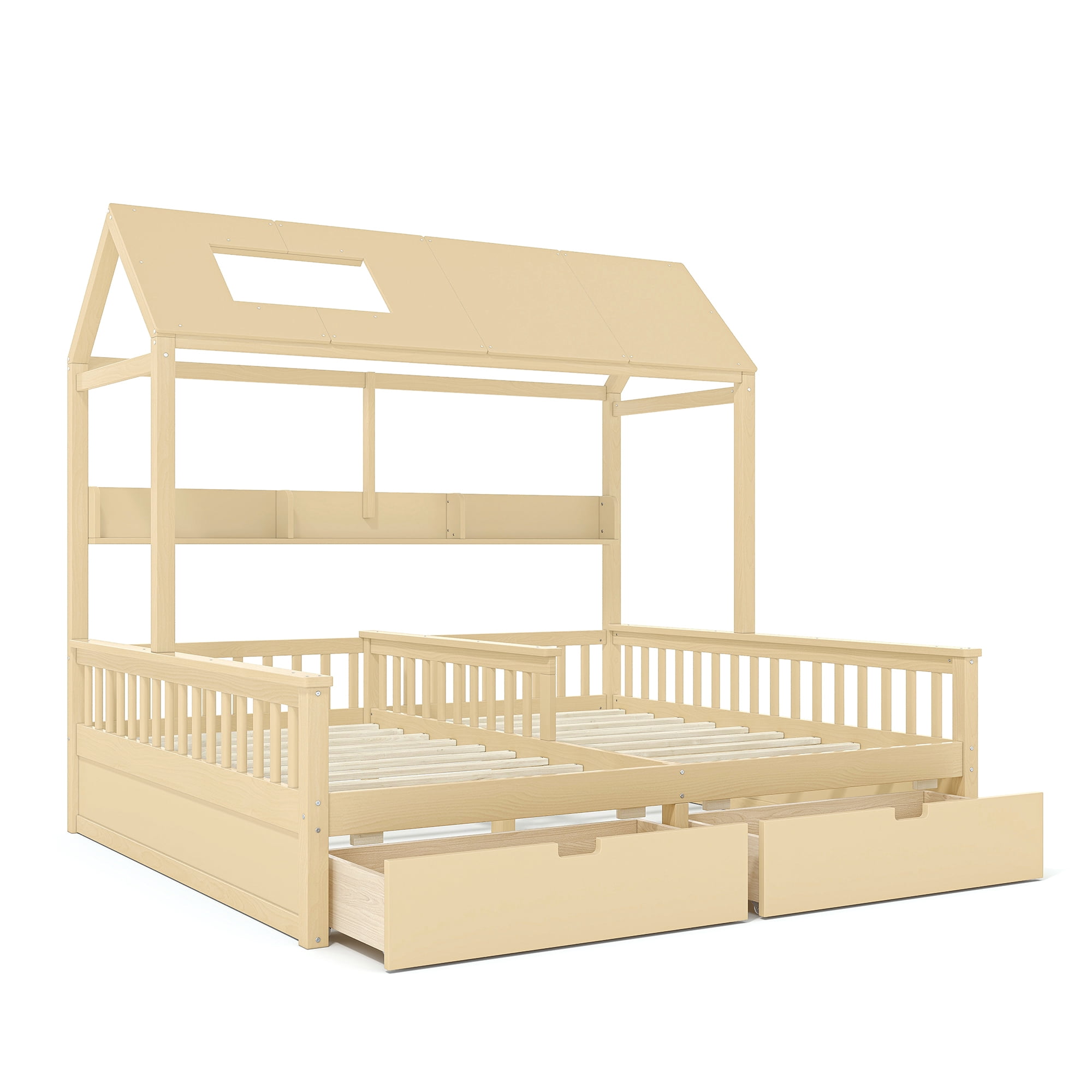 Leumius Double Twin Platform Bed Frame with Storage Shelves and Drawers, House Platform Bed with Support Slats, Childlike and Playhouse Design for Boys Girls Natural