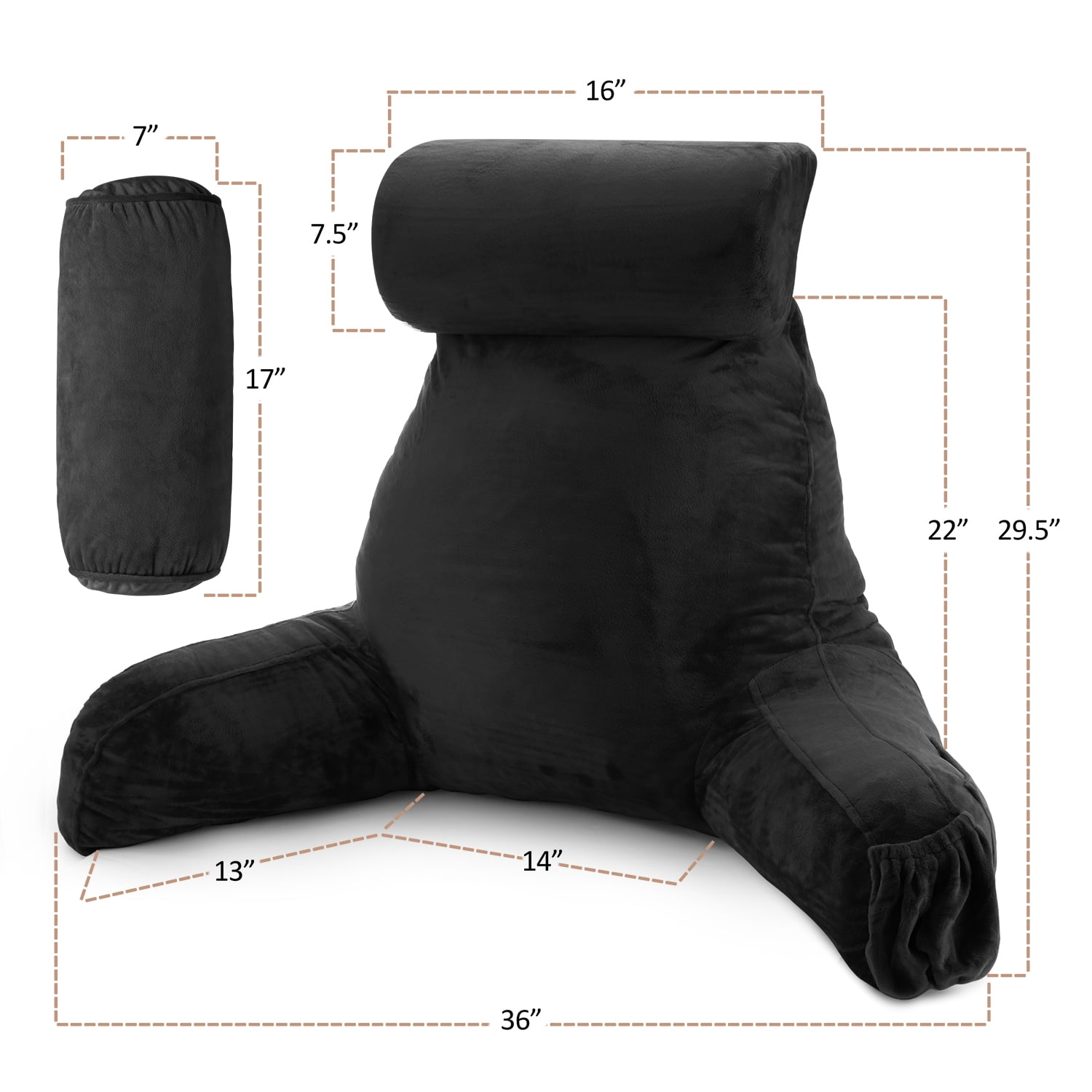 LAMMALOE Reading Pillow , Backrest Pillows with Arms, Plush Back Pillow Detachable Neck Roll, Shredded Memory Foam Bed Rest Pillow, Large, Black