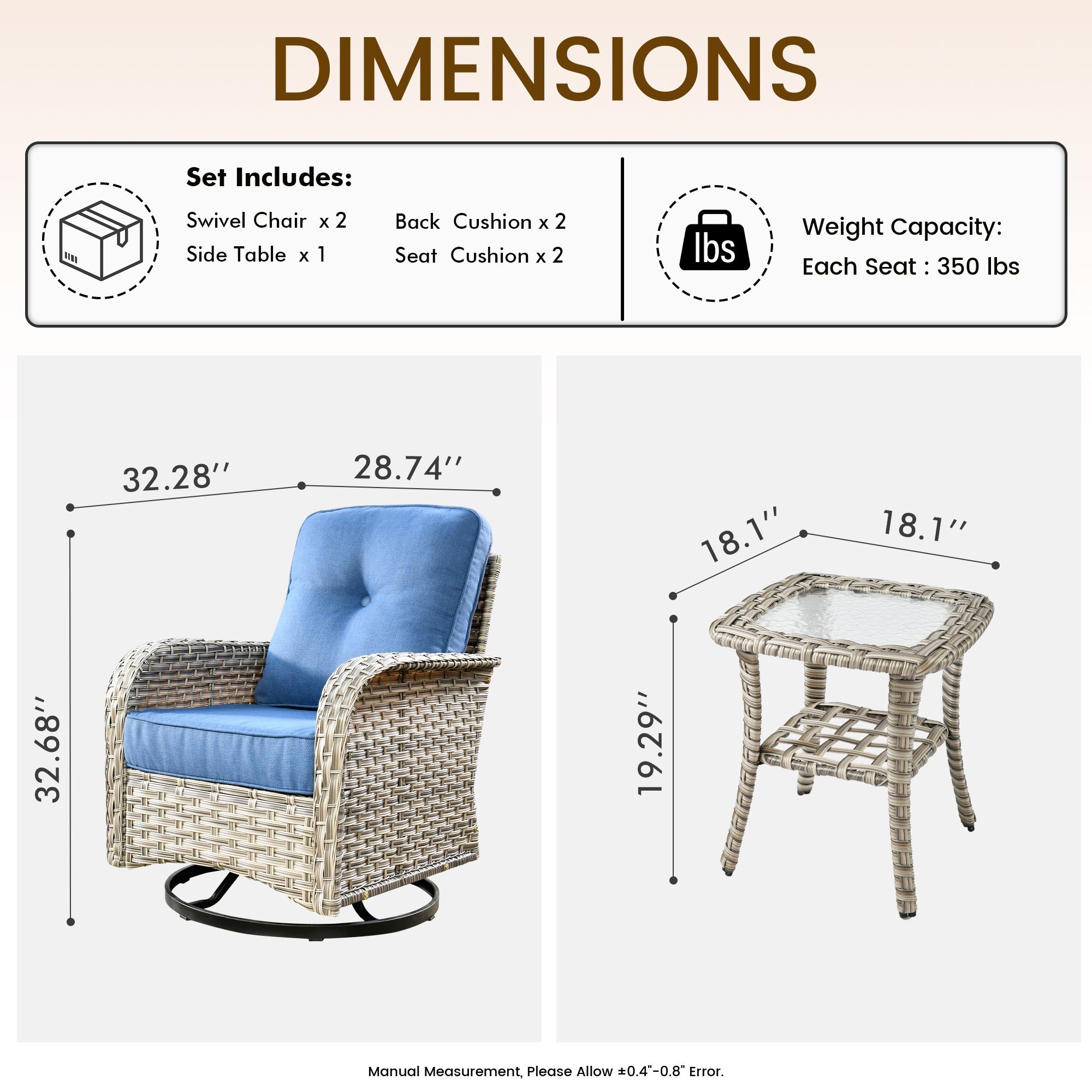 Vcatnet 3 Pieces Outdoor Patio Furniture Wicker Swivel Rocking Chair Swivel Rocker Patio Chairs Set of 2 with Side Table for Porch, Backyard, Diamond Blue