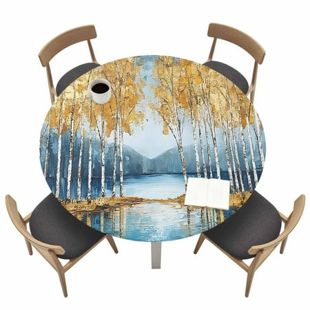 Fall Forest Round Fitted Tablecloth with Elastic Edge Oil Painting Yellow Tree Leaf Plant Blue Lake Mountain Table Cover Fit for 45"-54" Tables Waterproof Tablecloths for Dinner Camping Picnic
