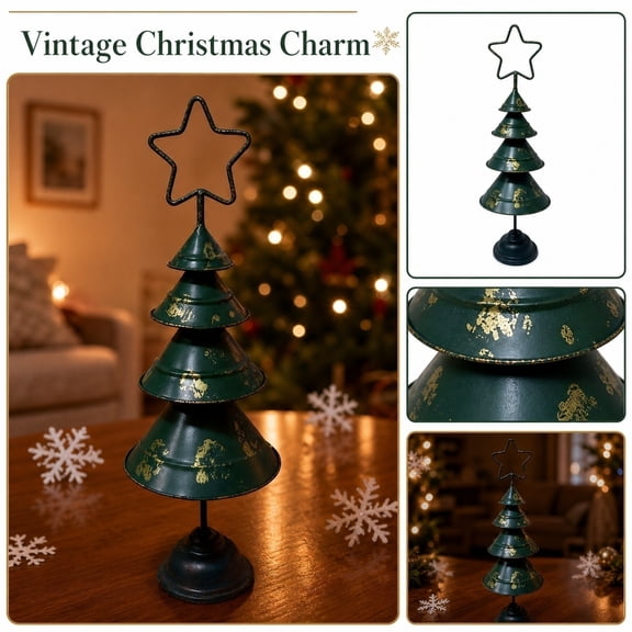 Vintage Metal Christmas Tree Tabletop Decor, Large Dark Green with Gold Brushed Finish, Festive Star Topper for Holiday , Seasonal Table Centerpiece Gifts