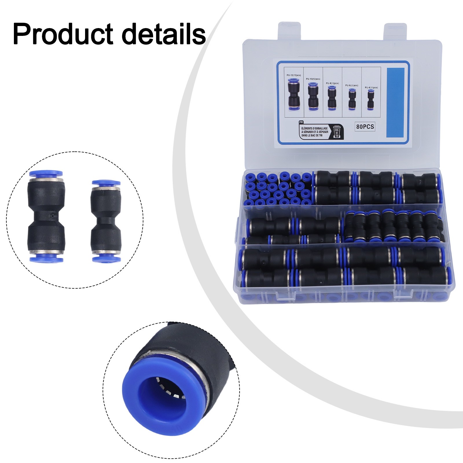 80pcs Quick Connect Straight Push Connector 5/32" 1/4" 5/16" 3/8" 1/2" inch