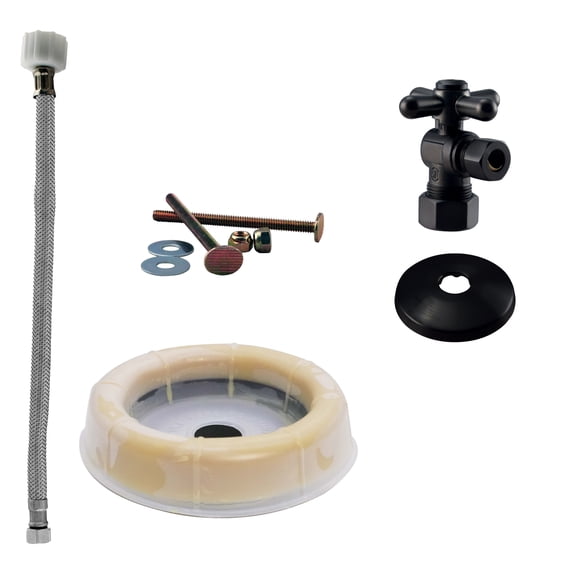 Westbrass D1612TBX-62 1/2" Cross Handle Angle Stop Toilet Installation Kit with Steel Supply Line, Wax Ring and Flange, Mattie Black
