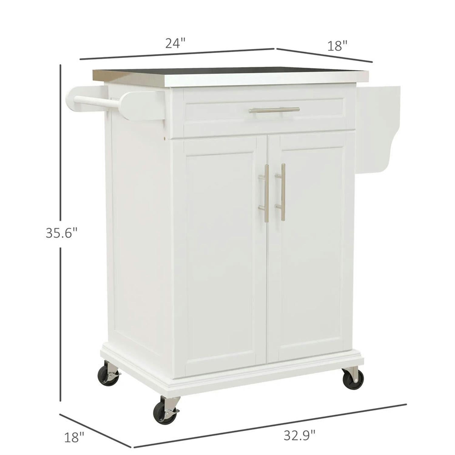 Demi Bonn 35" Kitchen Island Cart on Wheels with Stainless Steel Top, Rolling Dining Room Serving Utility Carts Mobile Movable with Towel Rack, White