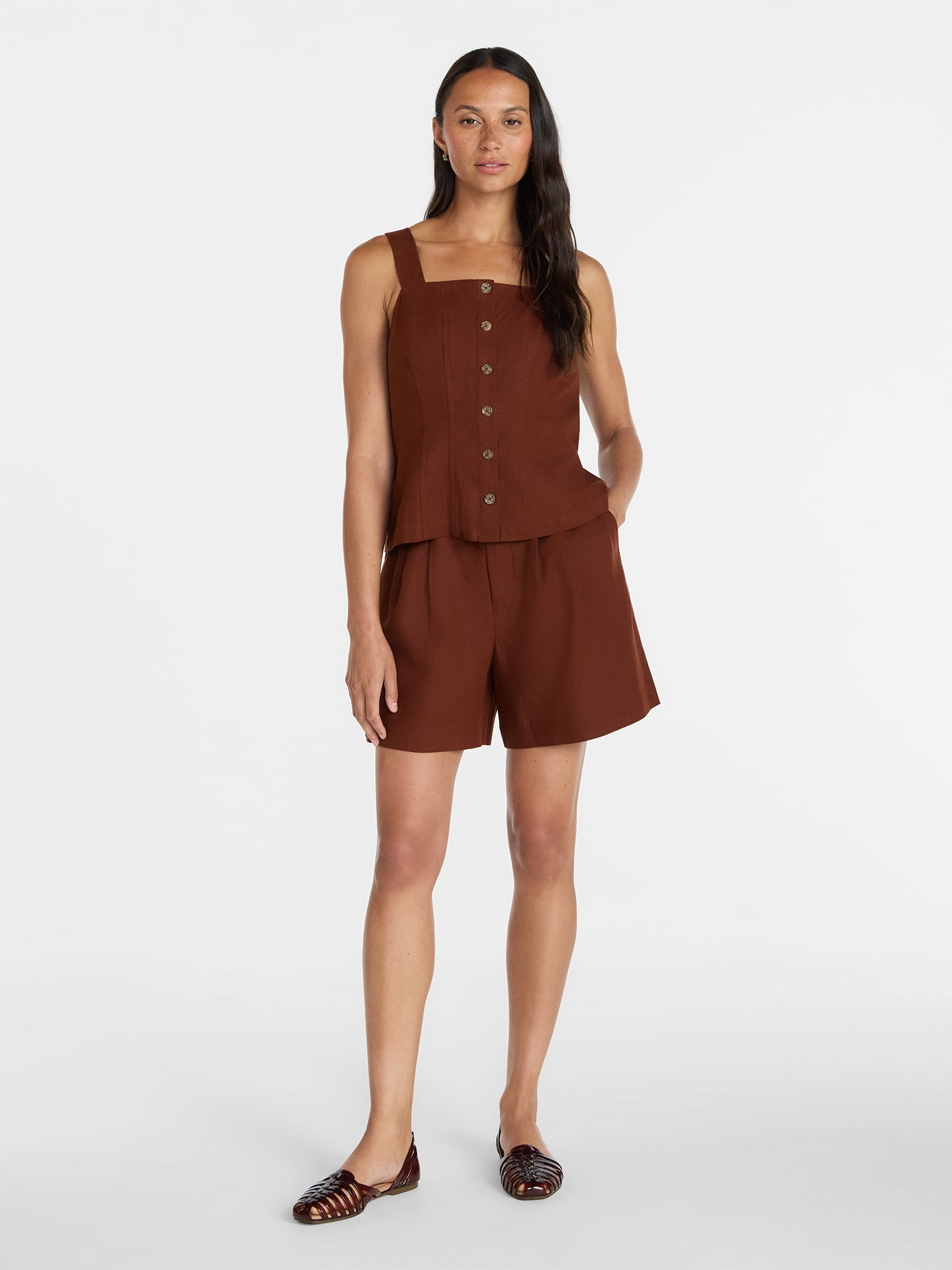 Time and Tru Women's Linen Blend Button Front Tank Top with Adjustable Straps, Sizes XS-XXXL