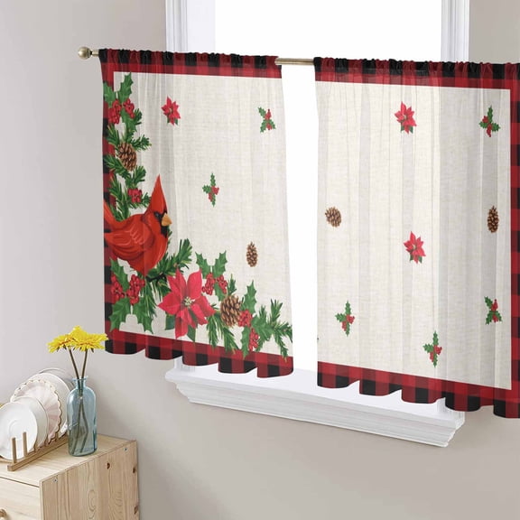 Christmas Cardinal Sheer Curtains 54 Inches Long, Winter Xmas Poinsettia Holly on Linen Light Filtering Window Curtains for Living Room, Rod Pocket Voile Sheer Curtain Drapes, 52"Wx54"L, 2 Panels