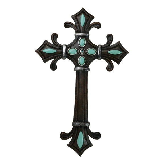 Rustic Southwestern Fleur De Lis French Lily Turquoise Gems Christian Wall Cross