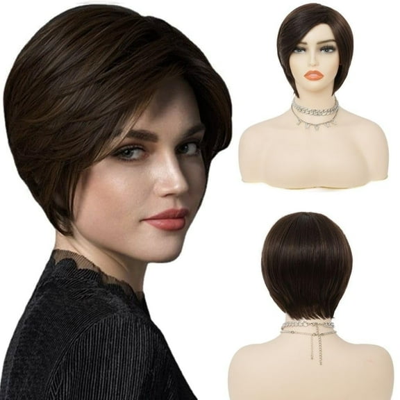 QUEENTAS 6.5 Inch Pixie Cut Wig Human Hair Short Wigs for Black Women Glueless Lace Front Wig Short Straight Wig （Black ）