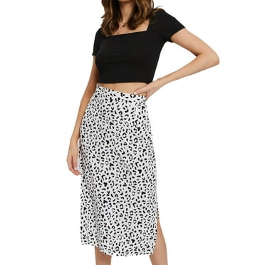 Leopard Print Midi Skirt High Waisted Side Split Zipper Chiffon Midi Skirt for Lady Girl Dating Party White XL Estrela