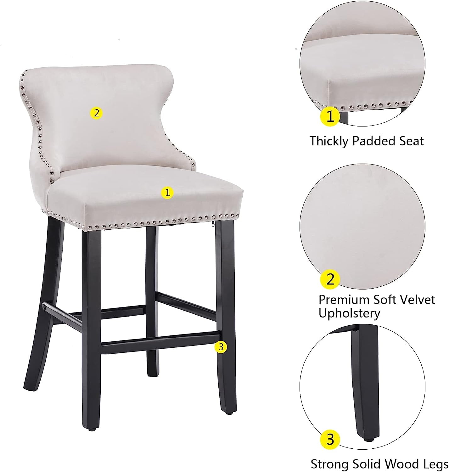 Seizeen Counter Height Bar Stools, Set of 2, Wing-back Velvet Dining Chairs with Soft Cushion, Solid Wood Legs, Button Tufted Decoration and Chrome Nailhead Trim, Beige