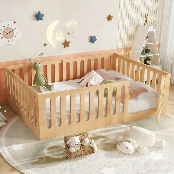 Bellemave Full Size Montessori Floor Bed, Solid Wood Floor Bed Frame with Fence Railings & Door, Full Playhouse Bed Frame Easy to Assembly,Natural