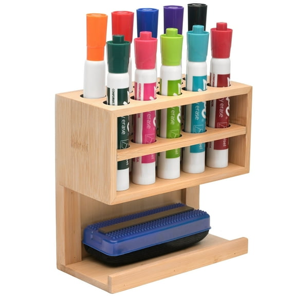 Excello Global Products Bamboo Magnetic Marker Holder, holds 10 markers and eraser, magnetic mount