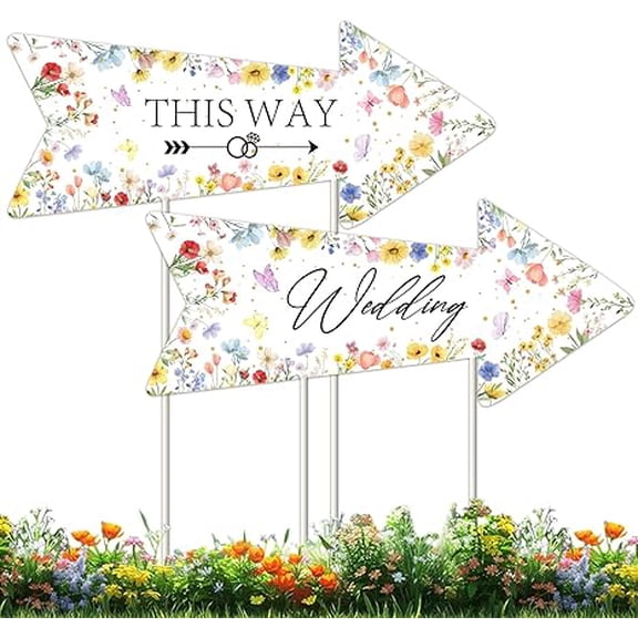 Wedding Directional Road Signs 6PCS Double-Sided Waterproof Wedding Welcome Sign with Stakes Wildflower Wedding This Way Arrow Signs for Lawn Yard Outdoor Ceremony Reception