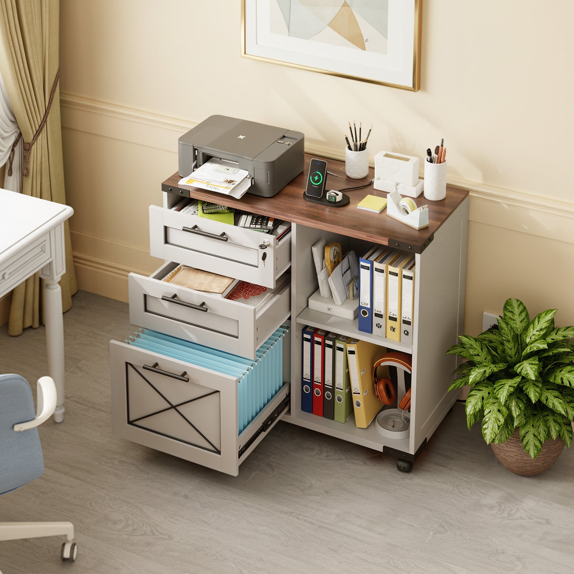 GALAXHERO 3-Drawer Locking File Cabinet, Wood Filing Cabinets with Charging Station, Rolling Printer Stand for Home Office, Dark Walnut