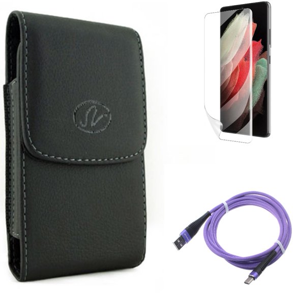 Matte Screen Protector & 10ft USB Cable & Case Belt Clip for Samsung Galaxy S22 Plus (S22 ) - Combo TPU Film Anti-Glare & Purple Type-C Charger Cord & Leather Holster Cover