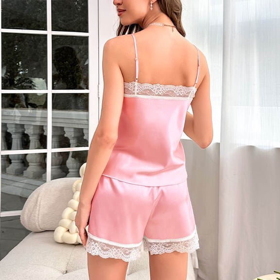 Hrsba Cute Mesh Trim Cami Set for Women Solid Color Shorts 2 Piece Fashion Ladies Summer Soft Breathable Sleepwear Nightwear Set