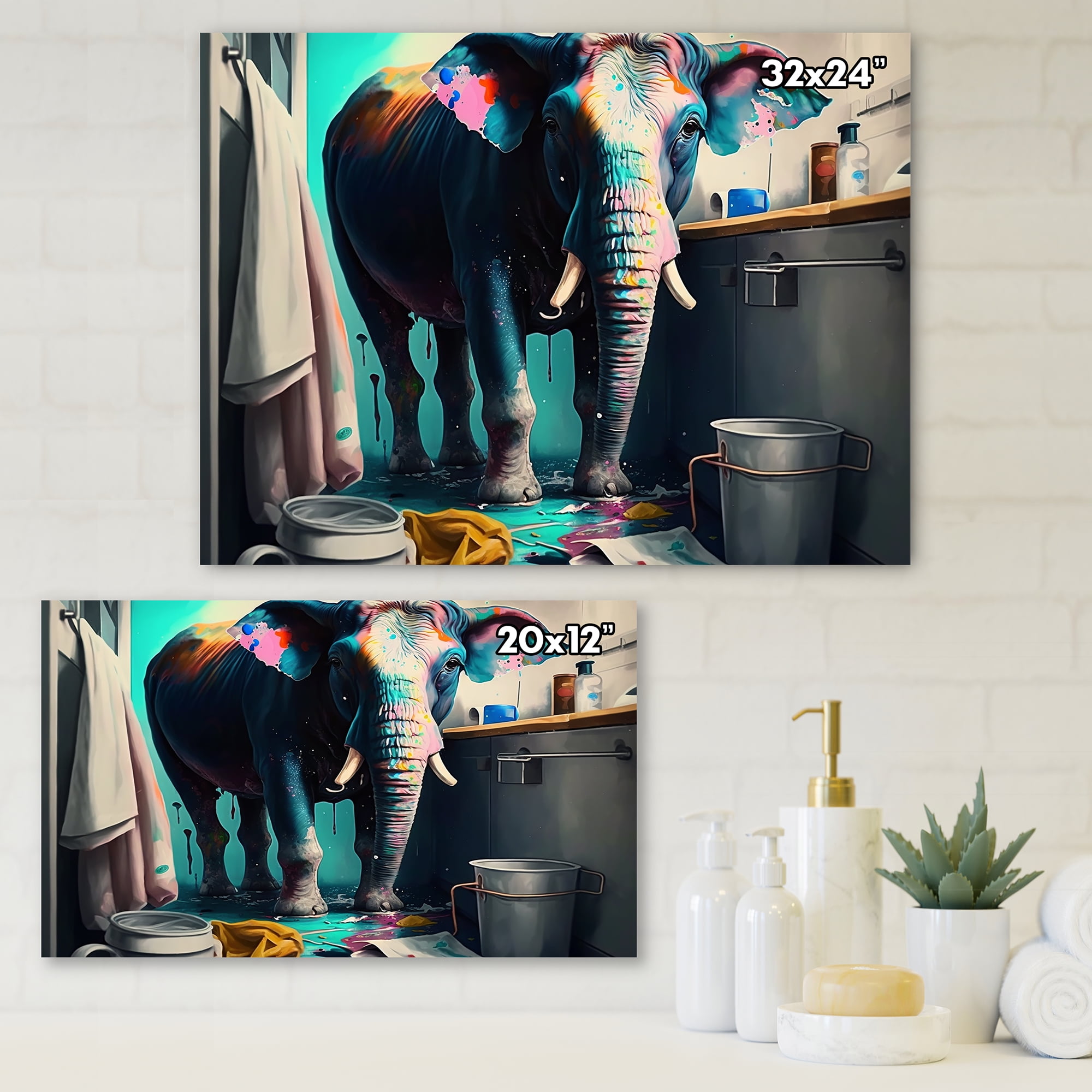 Designart Cute Elephant Doing Laundry I Canvas Wall Art