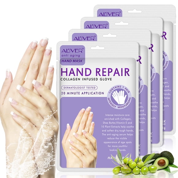 AIQIUSHA Paquete de 4 guantes hidratantes para manos, mascarilla de spa para manos, suero de colágeno infundido + vitaminas + extractos de plantas naturales para manos secas y agrietadas, mascarilla h