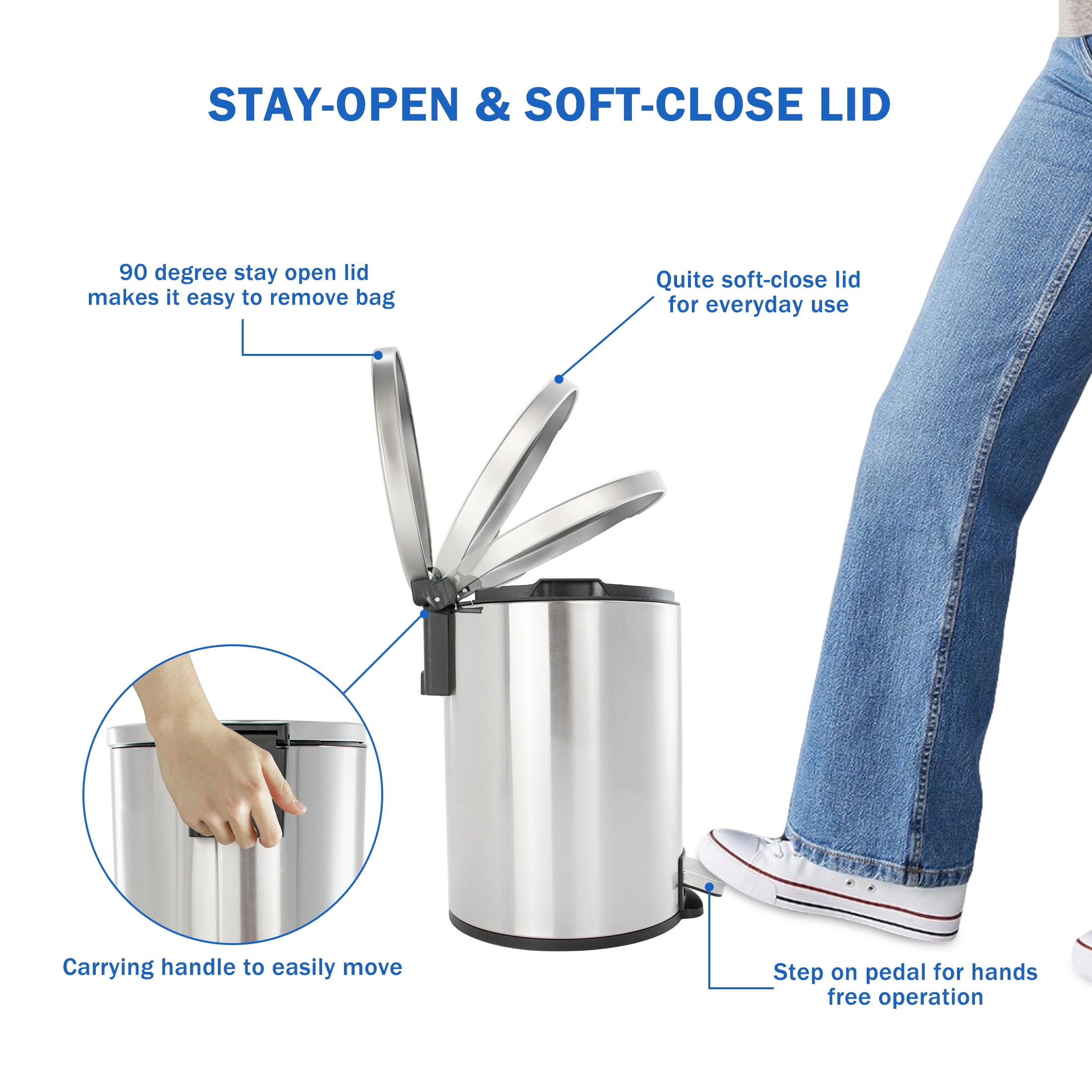 Better Homes & Gardens Bathroom Trash Can, 1.3 Gallon Small Stainless Steel Step Garbage Bucket Bin with Soft Close Lid, Silver