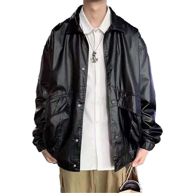 Hombres pu chaqueta de cuero primavera suelta casual turn Abrigos plumas collar Snap botón Outwear para fiesta