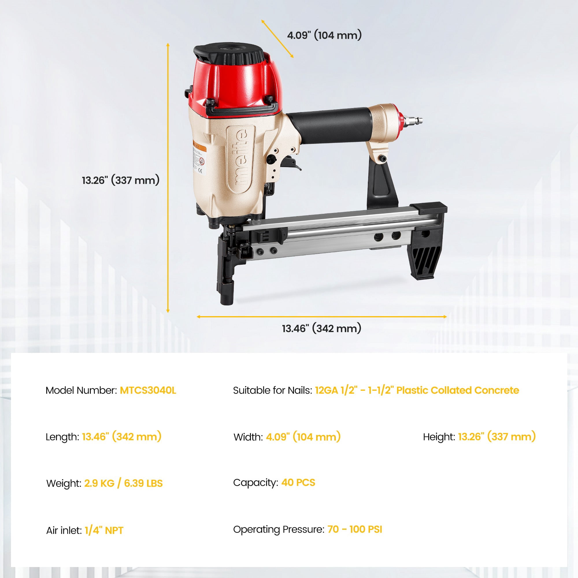 MEITE MTCS3040L Pneumatic Concrete and Steel Pinner 12Gauge 1/2" to 1-1/2" Length Concrete Nailer