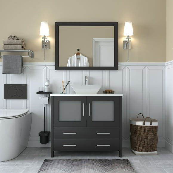 Vanity Art 36 in. W Single Sink Bathroom Vanity with Engineered Marble Top and Free Mirror