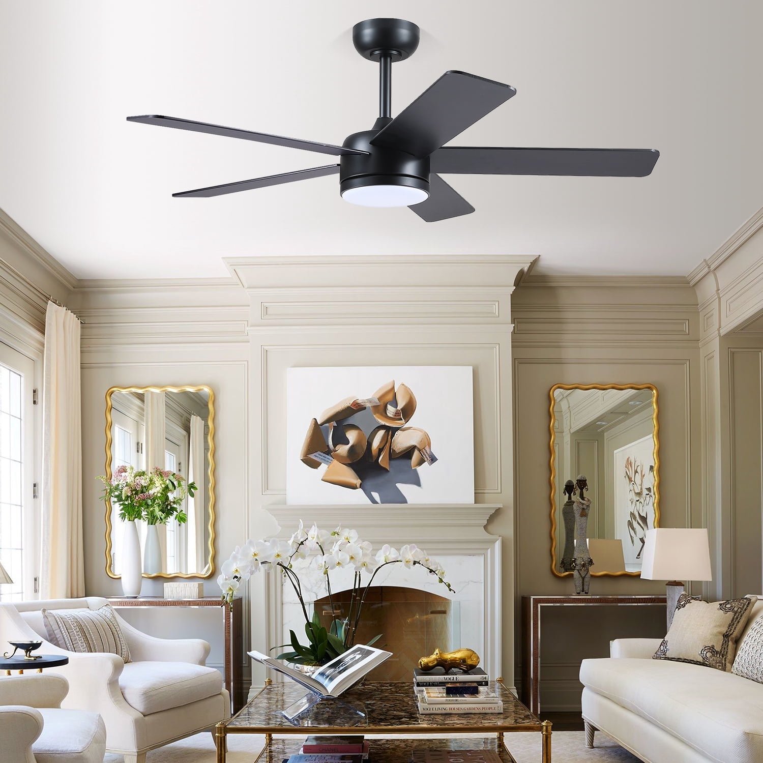YIOSI 46" Black Ceiling Fan with Lights & Remote - Modern Low Profile, Reversible DC Motor, 5 Dual-Sided Blades, LED Light, APP/Remote Control, Quiet & Energy Efficient - Black