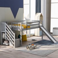 EUROCO Wood Twin Loft Bed with Slide, Guard Rail and Storage Shelf for Kids, Gray