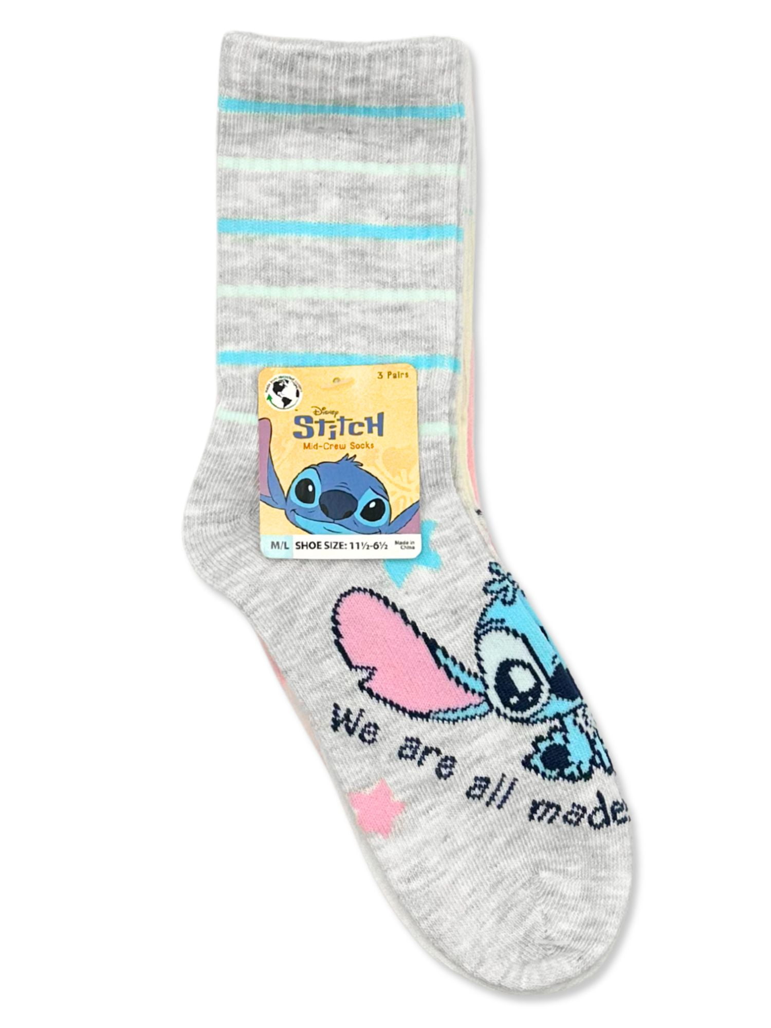 Disney Stitch Girls Mid-Crew Socks, 3-Pack, Sizes S/M-M/L